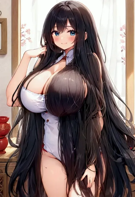 cute girl, super long hair, black hair, big hair, thick hair, big breasts, big butt, hourglass body, emphasis on hair, emphasis on eyes, emphasis on face, blush, smile, asian girl