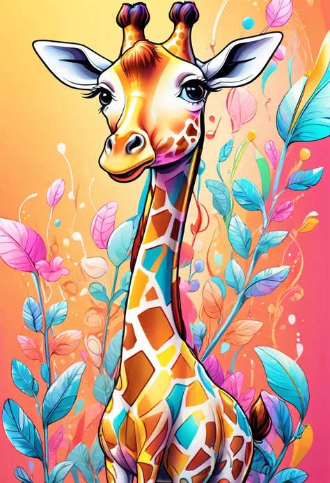 anthropomorphic giraffe cartoon character, detailed marker outline, one girl, cute, anime style, dynamic pose, whimsical express...