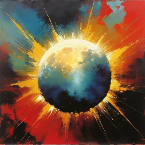 the sun against the moon, (art inspired by Bill Sienkiewicz). oil painting)
