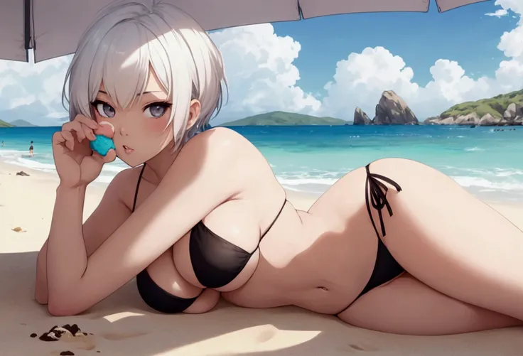 Anime girl with short white hair, wearing a sexy black mini bikini, laying down on a beach and eating an ice cream on a sunny summer day, photographed from a low camera angle focusing on her thighs, surrounded by a stunning landscape.
