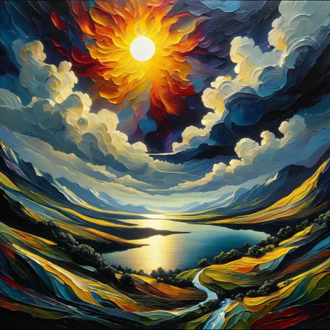 a detailed oil painting of the sun against the moon, surreal and dreamlike landscape, (best quality,4k,8k,highres,masterpiece:1.2),ultra-detailed,(realistic,photorealistic,photo-realistic:1.37),dramatic lighting,dramatic contrast,vibrant colors,dramatic sk...