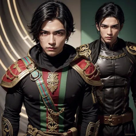 Create a muscular swordsman boy, attractive, black hair with Mexican features with brown skin, a military suit with bright and colorful colors inspired by pre-Hispanic clothing. All in a style as if it were a genshin impact character 