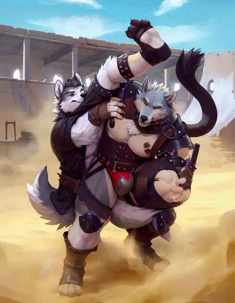 Solo Sexy young anthro furry wolf male mercenary medieval solider, slim slim muscular, anthro handsome gay shorter muzzle, handsome gay model male apperance, sword scars, worn out leather skimpy armament, low on hips heavy leather belt, old very worn out s...