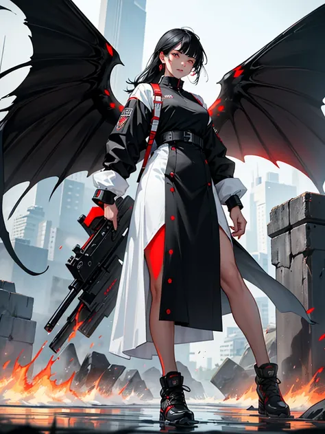 One with black butterfly wings white and black hair grid eyes better red mouth red nose beautiful clothes black top cause white and black behind her there is fire and water she has firepower she is standing her shoes are black and white she has grid earrin...