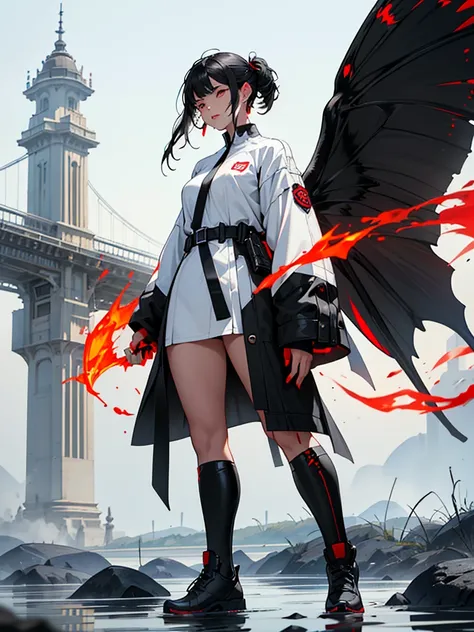 One with black butterfly wings white and black hair grid eyes better red mouth red nose beautiful clothes black top cause white and black behind her there is fire and water she has firepower she is standing her shoes are black and white she has grid earrin...