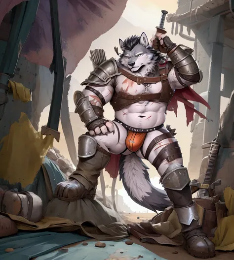 Solo Sexy young anthro furry wolf male mercenary medieval solider, slim slim muscular, anthro handsome gay shorter muzzle, handsome gay model male apperance, sword scars, worn out leather skimpy armament, low on hips heavy leather belt, old very worn out s...