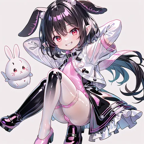 (((one girl))),(((inaba tewi))),((touhou),(((red eyes))),(rabbit girl),(((black hair,short hair,wavy hair))),(((white rabbit ears,white floppy ears))),(((Black leather jacket))),(((pink full bodysuit))),((latex)), (shiny clothes:1.2),(((grin))),(((full bod...