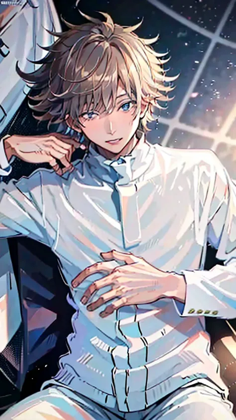 (Masterpiece), (Best Quality), (ultra detailed),(messy hair),(illustration), Satoru Gojo at an event in an elegant white suit 