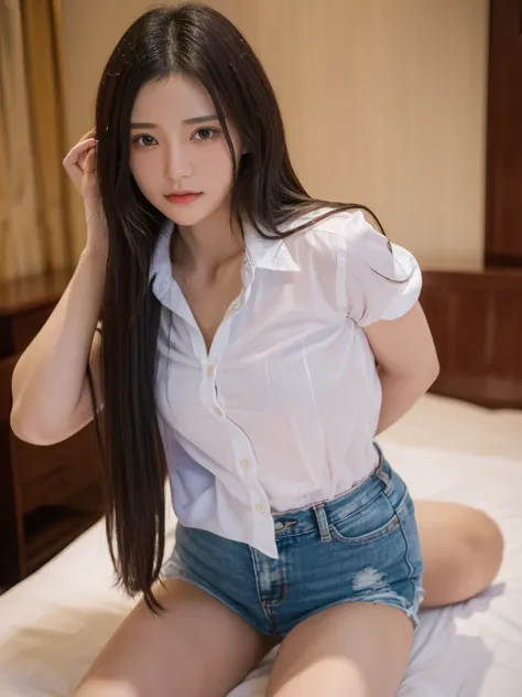 (8k, Highest quality, masterpiece: 1.2), (Realistic, photoRealistic: 1.37), beautiful, Sensual and erotic woman with a curvaceous body, Hair color is black、The eye color is dark brown、Long Hair、Straight hair、 (White long formal shirt)、(Unbutton all the but...