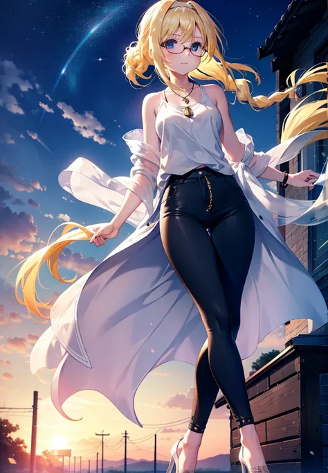 Alicesburg, Alice Zuberg, bangs, blue eyes, Blonde, Hair between the eyes, Very long hair, Braiding, hair band, white hair band,Black-rimmed glasses,Yellow Tank Top,Locket Necklace,skinny pants,Stiletto heels,Walking,morning,morning陽,The sun is rising,whol...