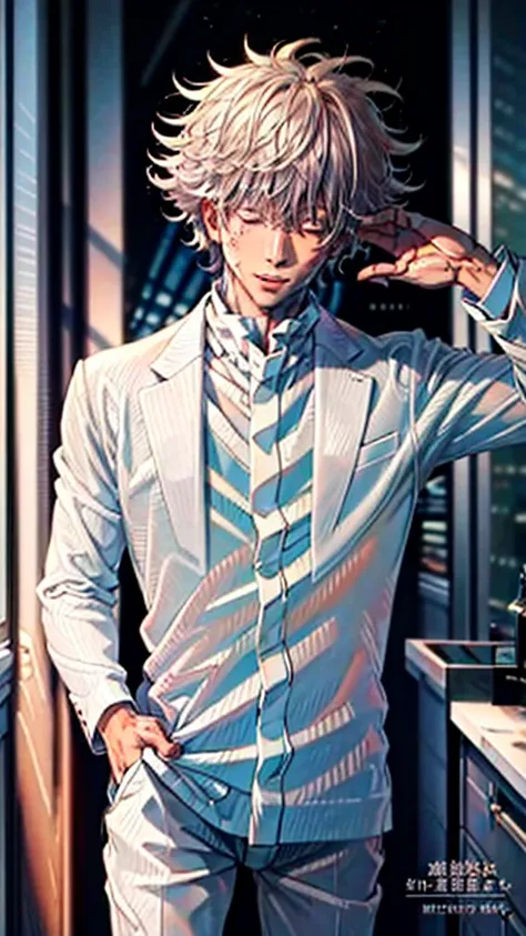 (Masterpiece), (Best Quality), (ultra detailed),(messy hair),(illustration), Satoru Gojo at an event in an elegant white suit 