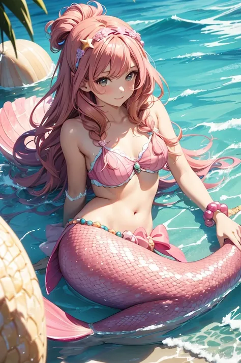 mermaid with pink tail, caramel hair, brown eyes, wears a pink seashell decorated top, wears small seashell accessories and pearl beads decorating tail, wears a pink headband with seashells and starfish on it