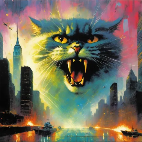 giant cat destroys a city, (art inspired by Bill Sienkiewicz). oil painting)
