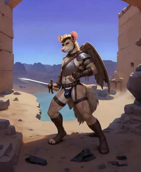 Solo Sexy young anthro furry rat male mercenary medieval solider, slim slim muscular, anthro handsome gay shorter muzzle, handsome gay model male apperance, sword scars, worn out leather skimpy armament, low on hips heavy leather belt, old very worn out sk...