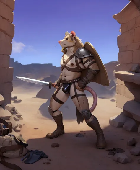 Solo Sexy young anthro furry rat male mercenary medieval solider, slim slim muscular, anthro handsome gay shorter muzzle, handsome gay model male apperance, sword scars, worn out leather skimpy armament, low on hips heavy leather belt, old very worn out sk...