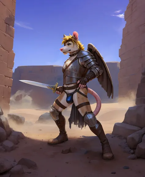 Solo Sexy young anthro furry rat male mercenary medieval solider, slim slim muscular, anthro handsome gay shorter muzzle, handsome gay model male apperance, sword scars, worn out leather skimpy armament, low on hips heavy leather belt, old very worn out sk...