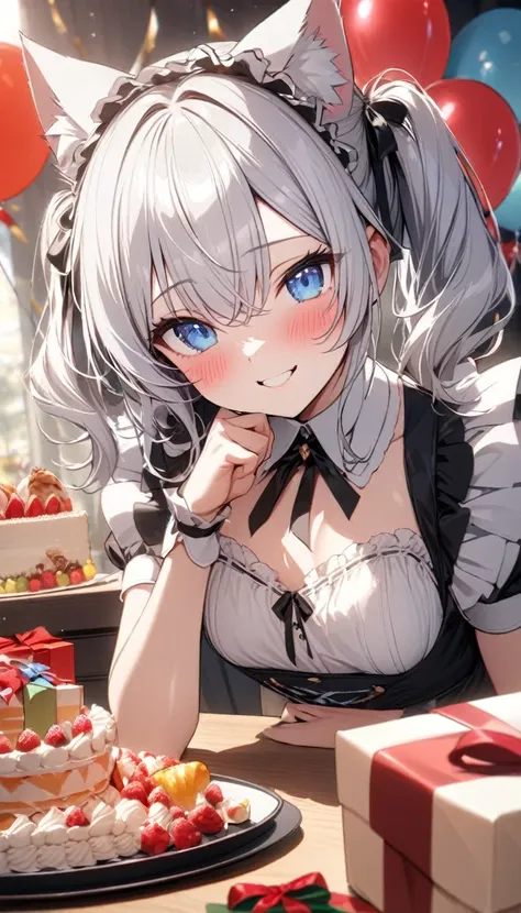 (((best quality)), ((masterpiece)), (details), masterpiece, best quality, high quality, ulutra detailed, perfect face, ((1girl, blue eyes, cat ears: 1.3 silver hair: 2.5,)) 、Shiny Hair、Glowing Skin、blush、Lustful look、smile、Maid clothes、Short Twin Tails、Sma...