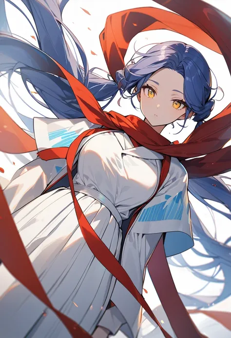 (One very tall woman,Navy Blue Hair,Her hairstyle is twin tails that expose her forehead.,yellow eyes,Medium Bust, Dynamic Angle)White Haori,White Hakama,Wear a long red scarf around your neck