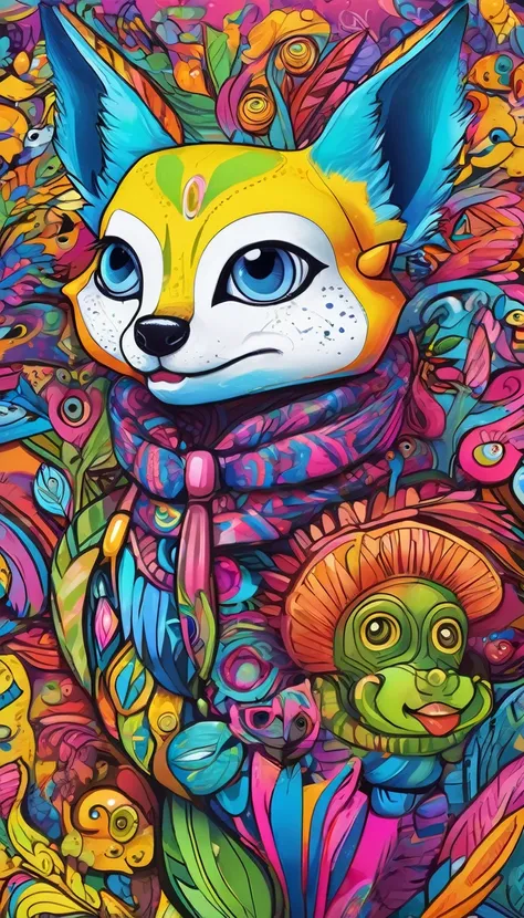 Anthropomorphic animal characters, Detailed marker outline, cute, Art Brut Style, Dynamic pose, whimsical expression, Bright and vibrant colors, Dynamic Lighting, Digital Painting, masterpiece, (Highest quality,4K,8k,High resolution,masterpiece:1.2),Very d...