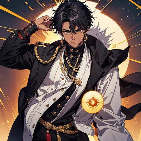 Create a muscular swordsman boy, attractive, black hair with somewhat dark skin, a military suit with bright and colorful colors inspired by pre-Hispanic clothing and circular lenses. All in a style as if it were a genshin impact character 