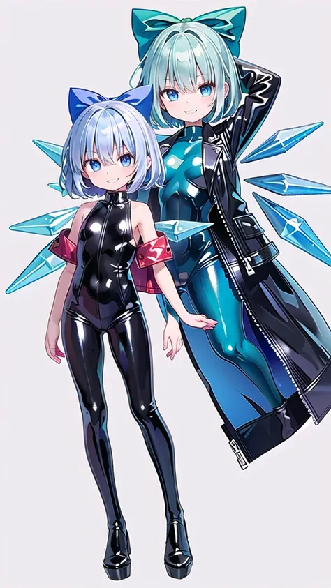 (((one girl))),(((one girl))),(((tanned cirno))), (touhou),(((short hair,blue hair))),ice wings,(((blue eyes))),(((bangs))),(((Black leather jacket))),(((blue full bodysuit))),((latex)), (shiny clothes:1.2),(((grin))),(((full body))),(((arm behind head))),...