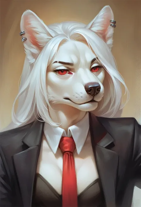 a furry wolf girl, white hair, black wolf ears, pale white skin, piercing red eyes, wearing a red tie, black suit jacket, and a ...