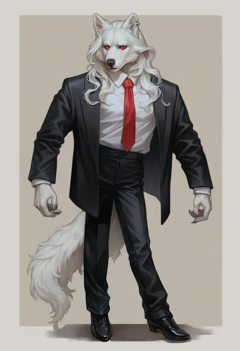 a furry wolf girl, white hair, black wolf ears, pale white skin, piercing red eyes, wearing a red tie, black suit jacket, and a ...