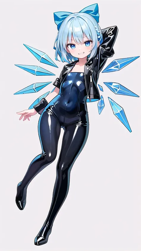 (((one girl))),(((one girl))),(((tanned cirno))), (touhou),(((short hair,blue hair))),ice wings,(((blue eyes))),(((bangs))),(((Black leather jacket))),(((blue full bodysuit))),((latex)), (shiny clothes:1.2),(((grin))),(((full body))),(((arm behind head))),...