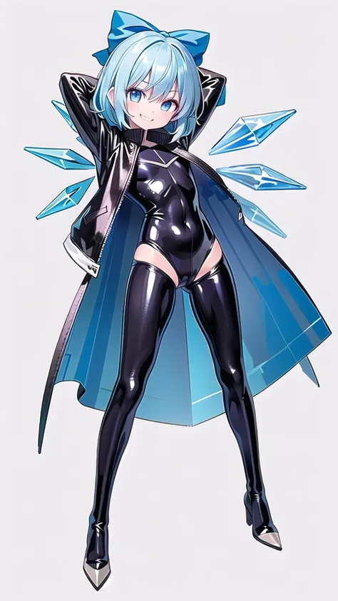 (((one girl))),(((one girl))),(((tanned cirno))), (touhou),(((short hair,blue hair))),ice wings,(((blue eyes))),(((bangs))),(((Black leather jacket))),(((blue full bodysuit))),((latex)), (shiny clothes:1.2),(((grin))),(((full body))),(((arm behind head))),...