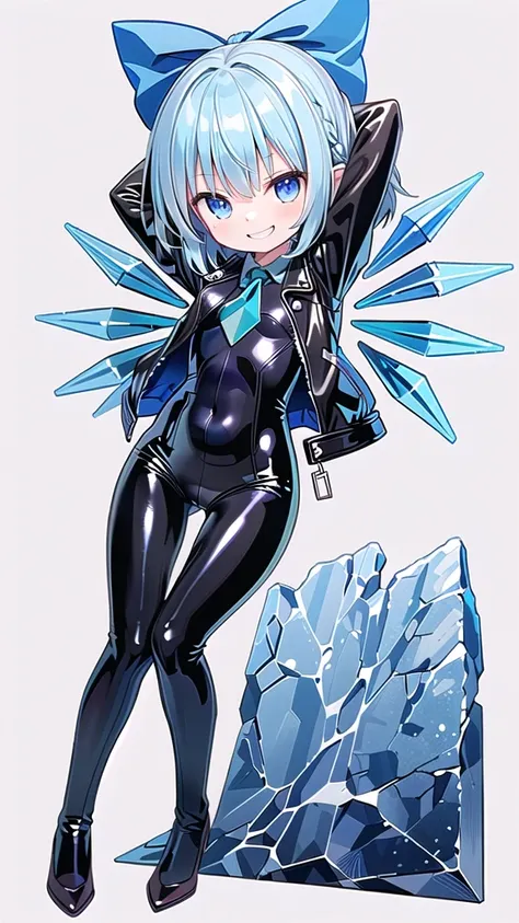 (((one girl))),(((one girl))),(((tanned cirno))), (touhou),(((short hair,blue hair))),ice wings,(((blue eyes))),(((bangs))),(((Black leather jacket))),(((blue full bodysuit))),((latex)), (shiny clothes:1.2),(((grin))),(((full body))),(((arm behind head))),...