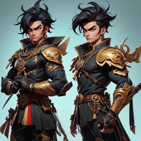 Create a muscular swordsman boy, attractive, black hair with somewhat dark skin, a colorful military suit inspired by pre-Hispanic clothing and circular lenses. All in a style as if it were a genshin impact character 