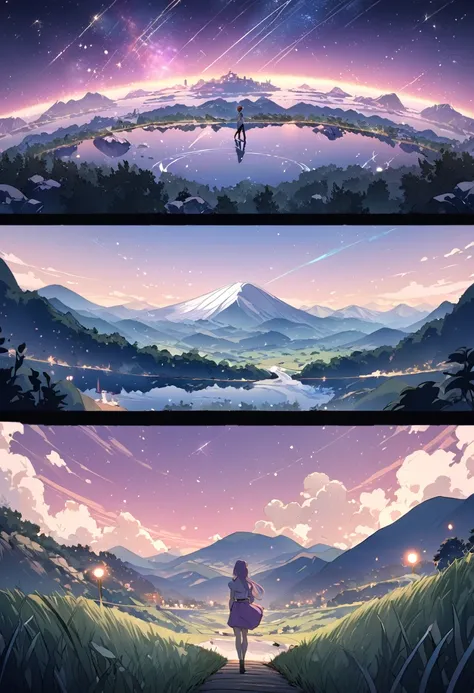 (((Makoto Shinkai style)),Pixiv,Anime Drawings,high quality,pink purple sky,Beautiful views),(universe,Trains pass,magical realism,((Makoto Shinkai style)) ::0.8), [Artistic atmosphere, atmosphere:0.8, Starry Sky, hills, Summer Mountain,Carbonated water, G...