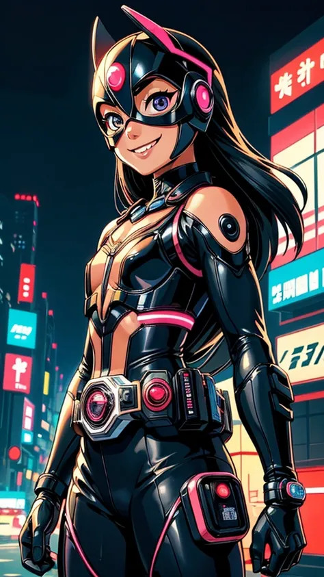 (8k),(masterpiece),(Japanese),(8-year-old girl),((innocent look)),((Childish)),From the front,smile,cute,Innocent,Kind eyes,Flat chest,black helmet,brown domino mask, Pocahontas, bald,no Hair,Strong wind,night,dark, Neon light cyberpunk city,Kamen_Rider,ca...