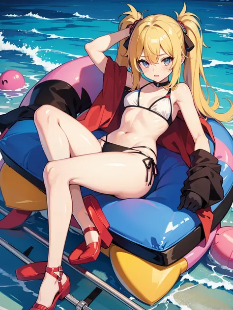 Anime gamer girl, in bikini and legs open