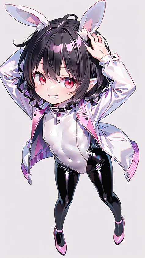 (((one girl))),(((inaba tewi))),((touhou),(((red eyes))),(rabbit girl),(((black hair,short hair,wavy hair))),(((white rabbit ears,white floppy ears))),(((Black leather jacket))),(((pink full bodysuit))),((latex)), (shiny clothes:1.2),(((grin))),(((full bod...