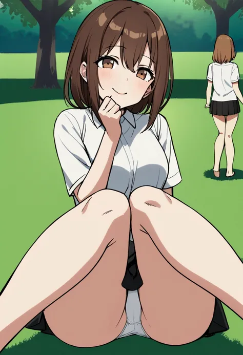 drawing of a girl with long dark brown hair, light brown eyes, with a smiling expression on his face, wearing a white shirt and a short black skirt, she has her legs open, her panties are visible, She doesn&#39;t realize that her panties were visible.,  si...