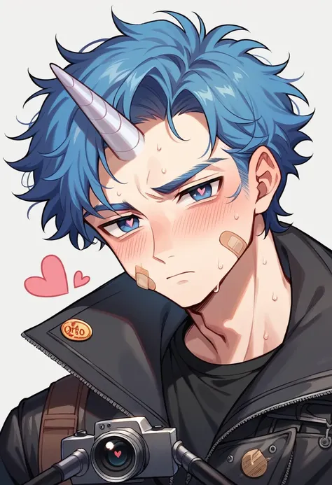 Semi-human unicorn boy, pastel blue hair, long and slightly messy hair, pale blue unicorn horn, dark blue eyes, long eyelashes, red dark circles under his eyes, bruises and wounds on the face, tired expression, blushing, sweaty, handsome, cute boy, motorcy...