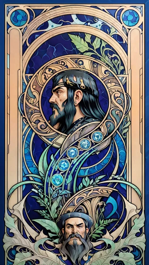 ((Art Nouveau Style)); ((Lemmy Kilmister)); (blue gems); ravens, green ferns, small orange streaks; symmetrical with thick lines, Fibonacci, golden ratio, 3D metal structure tessellation, neural graphic, neurons, color, love, passion, incredibly detailed, ...