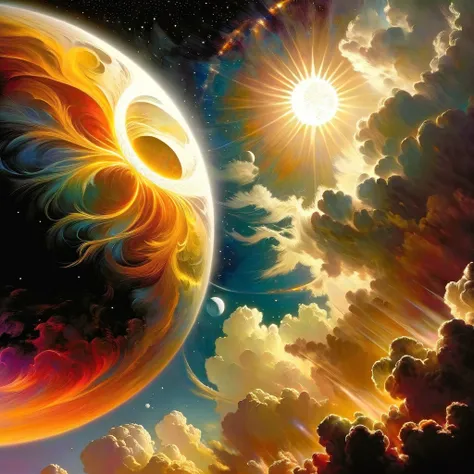 a detailed illustration of the sun and moon in the sky, (oil painting:1.2), (realistic:1.4), dynamic dramatic lighting, (vibrant colors:1.3), (photorealistic:1.2), (hyperrealistic:1.15), (highly detailed:1.1), (intricate textures:1.1), (masterpiece:1.3), (...