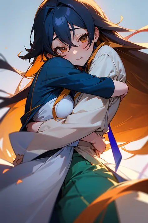 Mayoi Ayase from ensemble stars hugging a cute girl with long caramel hair and brown eyes