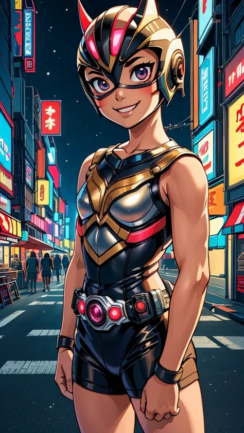 (8k),(masterpiece),(Japanese),(8-year-old girl),((innocent look)),((Childish)),From the front,smile,cute,Innocent,Kind eyes,Flat chest,brown helmet,brown domino mask, Pocahontas, bald,no Hair,Strong wind,night,dark, Neon light cyberpunk city,Kamen_Rider,ca...