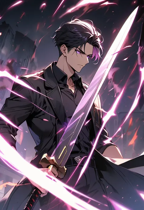 handsome, alone, 1 man, short hair, black hair, purple eyes, black shirt, black coat, Lots of power,fight with sword