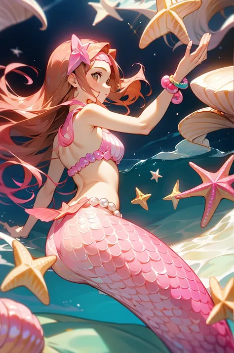 Mermaid, mermaid with pink tail, long caramel hair, caramel hair, brown eyes, wears a pink top with seashells, wears seashell accessories, pearl beads decorating waist, wears a pink headband with seashells and starfish, caramel hair, light brown hair 