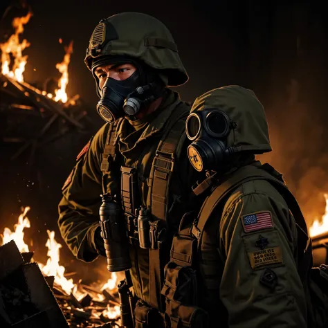 An american soldier wearing a gas mask, hell on background, scary, nightmarish, fire hell on the back.