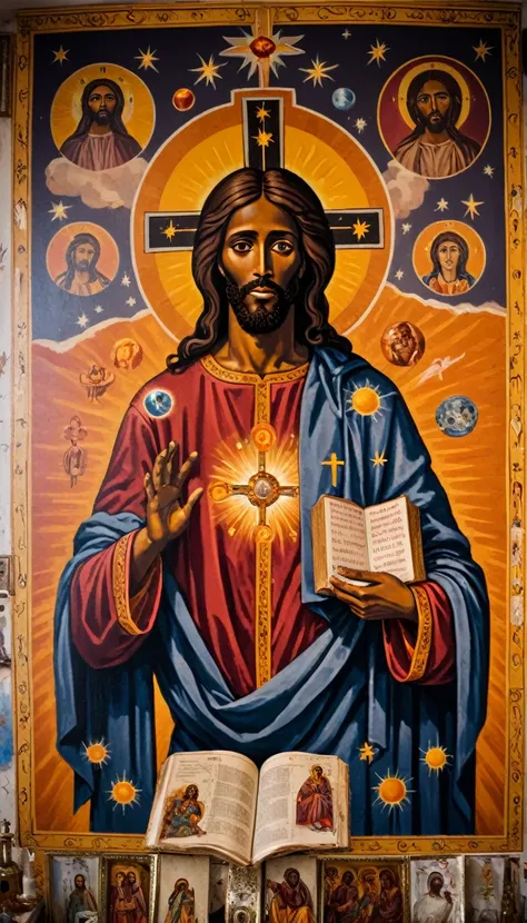 black jesus christ, orthodox painted on the wall, symbols and elements of astrology,