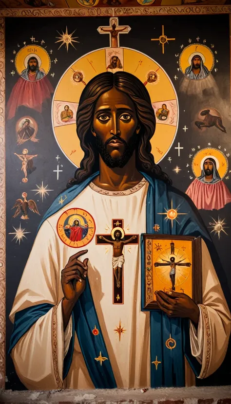 black jesus christ, orthodox painted on the wall, symbols and elements of astrology,