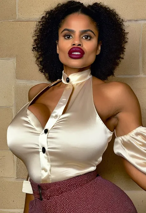 (bodybuilder zazie beetz showing closed teeth with flared nostrils and furrowed brows:1.5) in a (closed satin skintight buttondown band collar blouse:1.6), tight hairbun, (muscular arms), skintight satin pants, popped collar, 
