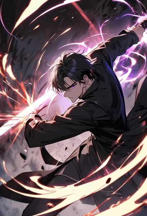 handsome, alone, 1 man, short hair, black hair, purple eyes, black shirt, black coat, Lots of power,fight with sword