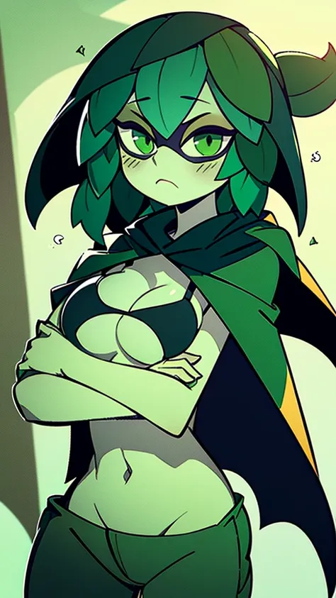 green hair, green sclera, green eyes, colored skin, green skin, domino mask, cape, hood black jacket, brown pants leaf, crossed arms, blushing