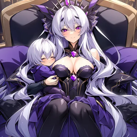 ((Highest quality)), ((masterpiece)), (detailed), （Perfect Face）、The woman is the evil queen Dark Extia, holding a baby, an evil transforming heroine, with medium-long silver hair, wearing a gorgeous evil queen dress with gold embroidery and trim, gorgeous...